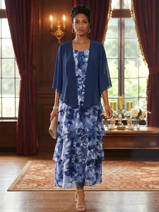 Floral Tiered Chiffon Mother of the Bride Dress Ankle Length with 3/4 Sleeves