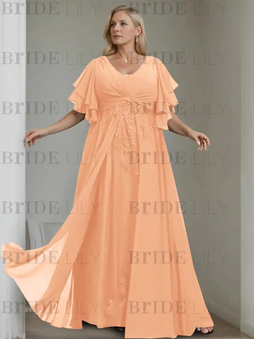 Plus size apricot chiffon gown with flutter sleeves