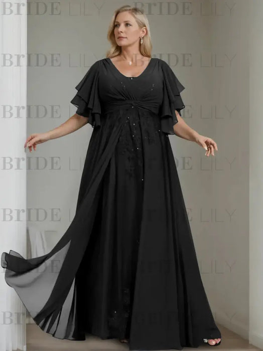 Plus size black chiffon gown with flutter sleeves