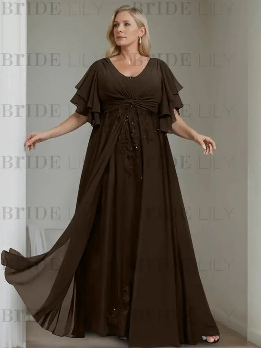 Plus size chocolate brown chiffon gown with flutter sleeves