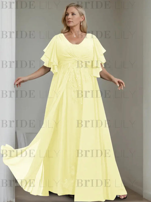 Daffodil plus size chiffon mother of the bride gown with flutter sleeves