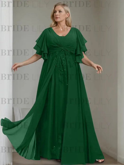 Dark Green plus size chiffon mother of the bride gown with flutter sleeves