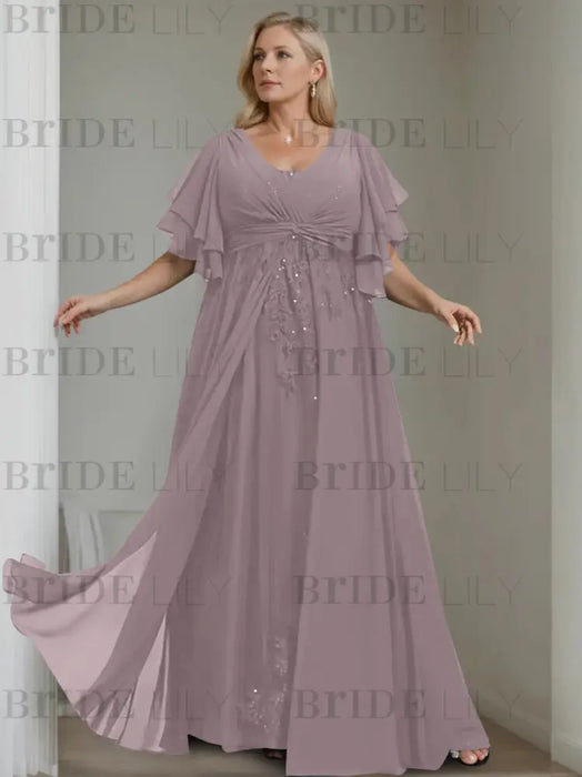 Dusk plus size chiffon mother of the bride gown with flutter sleeves
