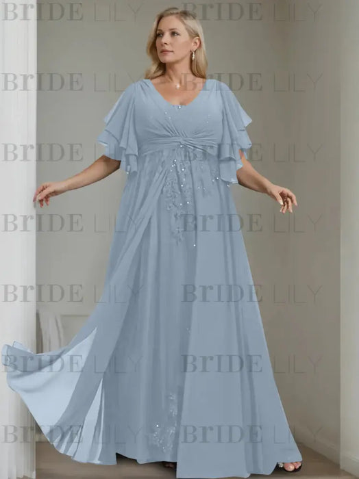 Dusty Blue plus size chiffon mother of the bride gown with flutter sleeves