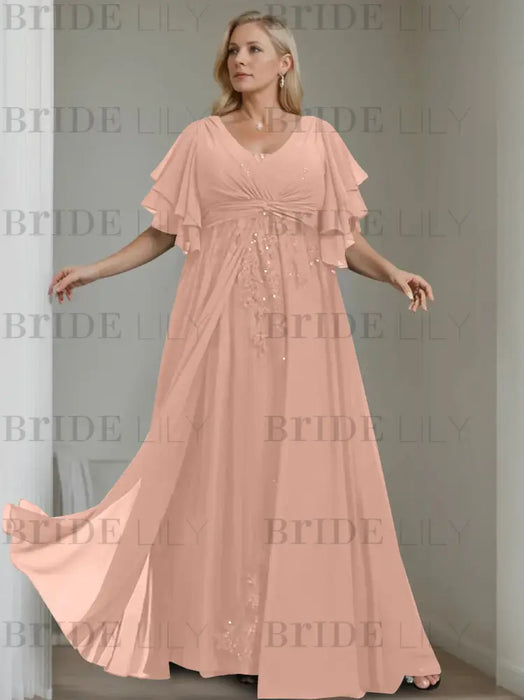 Dusty Rose plus size chiffon mother of the bride gown with flutter sleeves