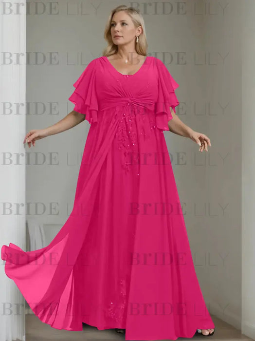 Fuchsia plus size chiffon mother of the bride gown with flutter sleeves