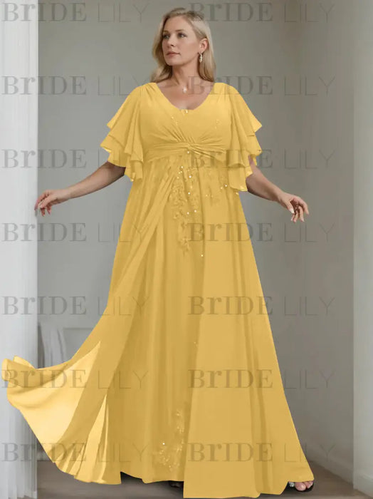 Gold plus size chiffon mother of the bride gown with flutter sleeves