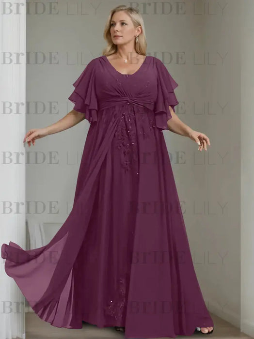 Grape plus size chiffon mother of the bride gown with flutter sleeves