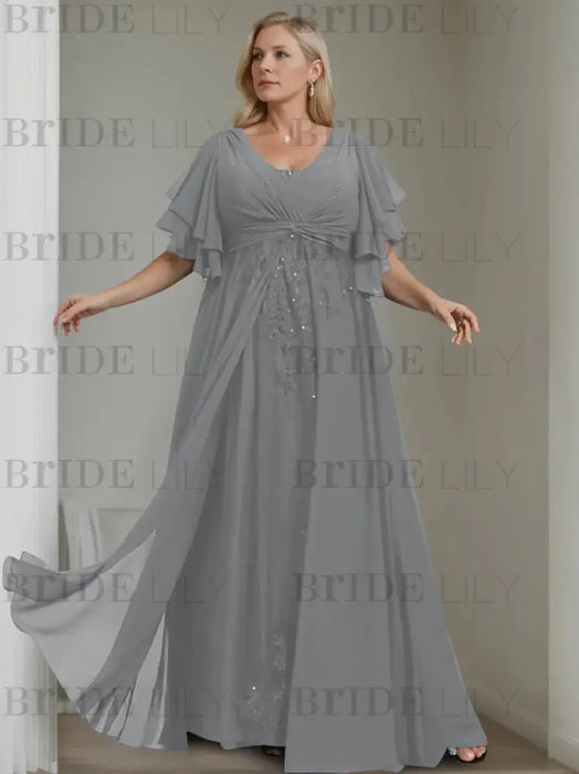 Plus size grey chiffon gown with flutter sleeves