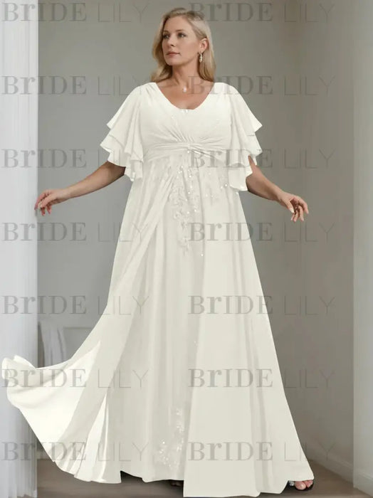 Ivory plus size chiffon mother of the bride gown with flutter sleeves