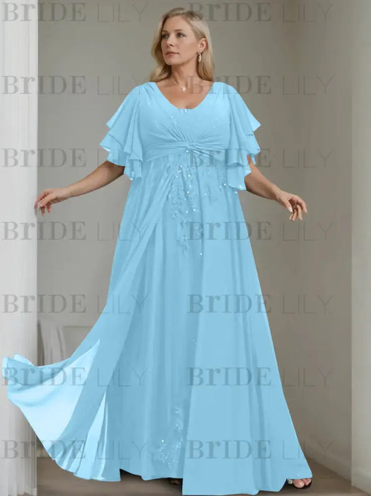 Light Blue plus size chiffon mother of the bride gown with flutter sleeves