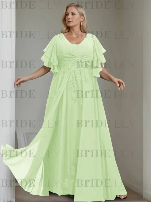Plus size light green chiffon gown with flutter sleeves