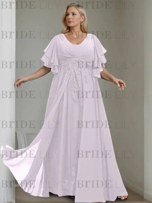 Lilac plus size chiffon mother of the bride gown with flutter sleeves