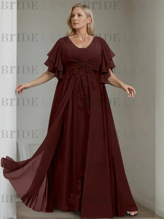 Plus size maroon chiffon gown with flutter sleeves