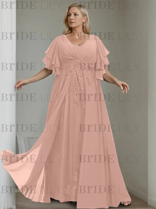 Mauve plus size chiffon mother of the bride gown with flutter sleeves