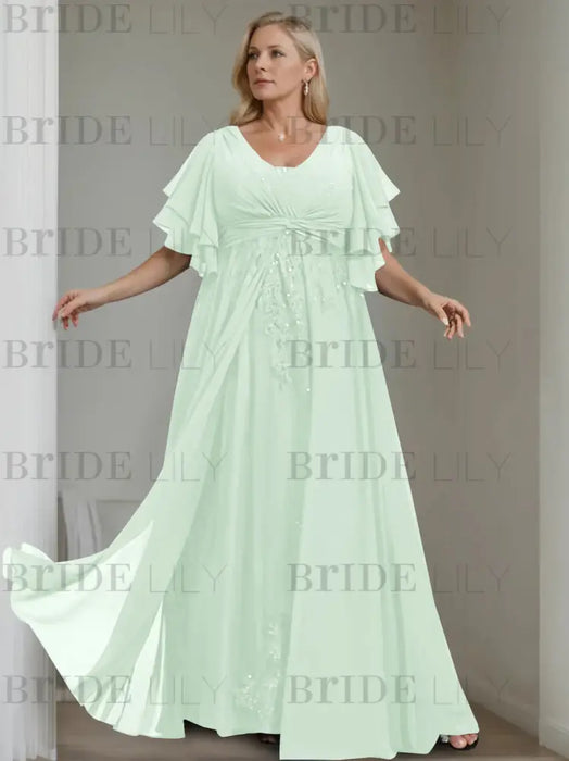 Mist Blue plus size chiffon mother of the bride gown with flutter sleeves