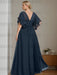Back of the navy chiffon gown with a V back