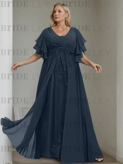 Navy Blue plus size chiffon mother of the bride gown with flutter sleeves