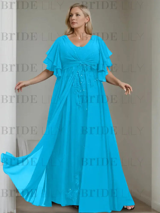 Ocean Blue plus size chiffon mother of the bride gown with flutter sleeves