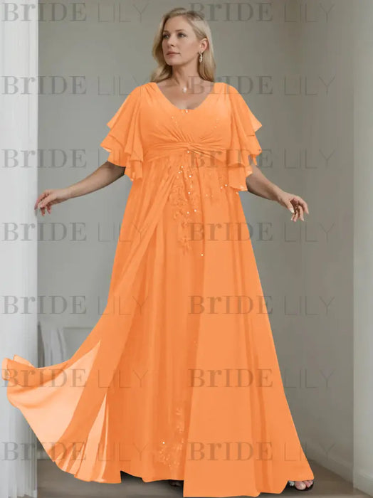 Orange plus size chiffon mother of the bride gown with flutter sleeves