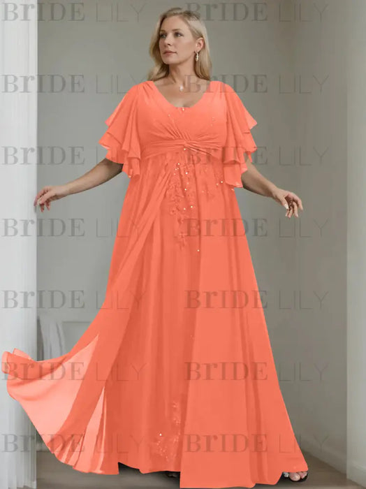 Papaya plus size chiffon mother of the bride gown with flutter sleeves