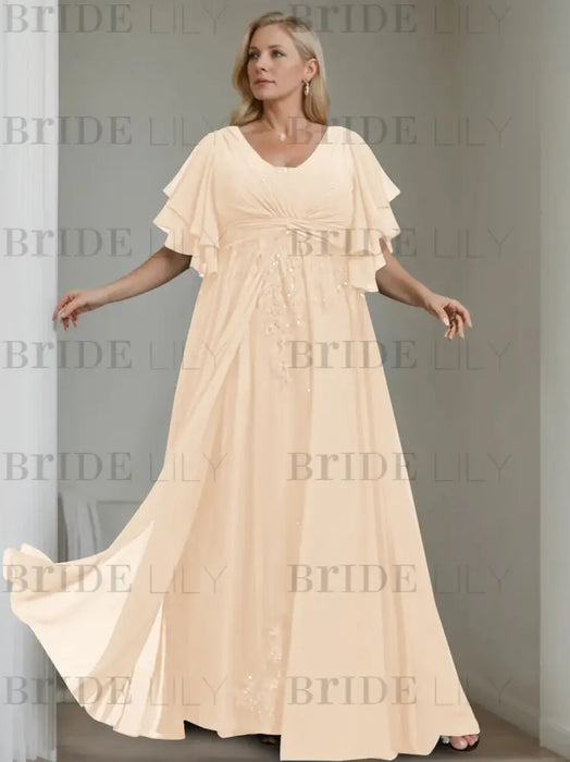 Pearl Pink plus size chiffon mother of the bride gown with flutter sleeves