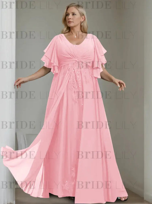 Plus size pink chiffon gown with flutter sleeves