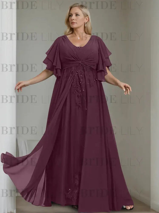 Plum plus size chiffon mother of the bride gown with flutter sleeves