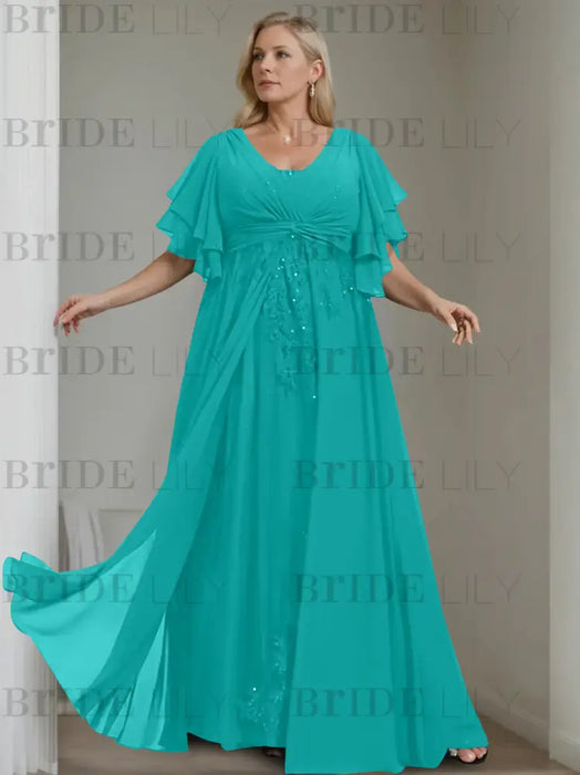 Pool plus size chiffon mother of the bride gown with flutter sleeves