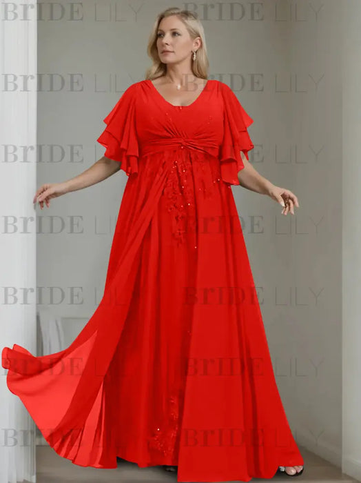 Red plus size chiffon mother of the bride gown with flutter sleeves