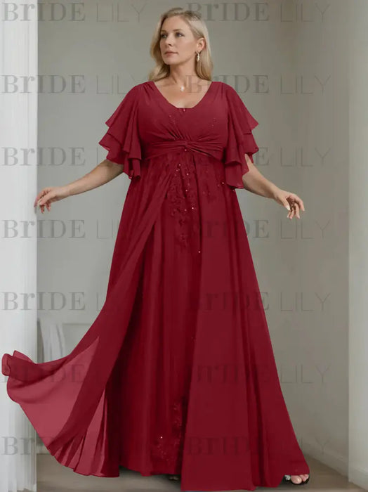 Plus size red wine chiffon gown with flutter sleeves