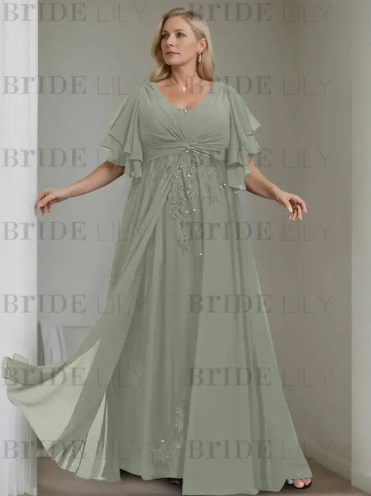 Sage plus size chiffon mother of the bride gown with flutter sleeves