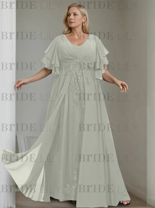 Silver plus size chiffon mother of the bride gown with flutter sleeves