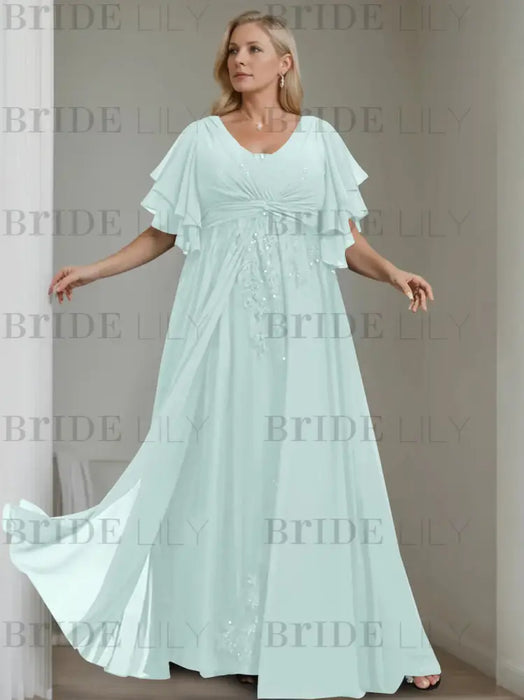 Sky Blue plus size chiffon mother of the bride gown with flutter sleeves