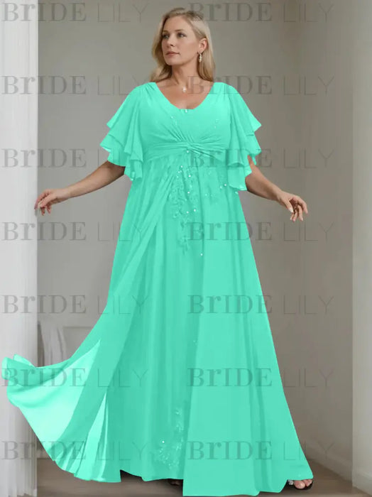 Spa plus size chiffon mother of the bride gown with flutter sleeves