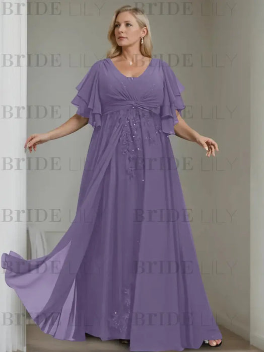 Tahiti plus size chiffon mother of the bride gown with flutter sleeves