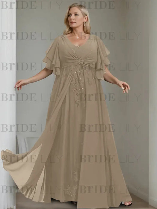 Taupe plus size chiffon mother of the bride gown with flutter sleeves