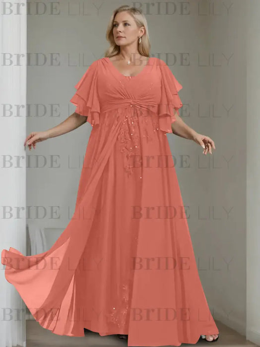 Watermelon plus size chiffon mother of the bride gown with flutter sleeves
