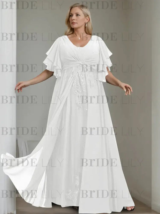 White plus size chiffon mother of the bride gown with flutter sleeves