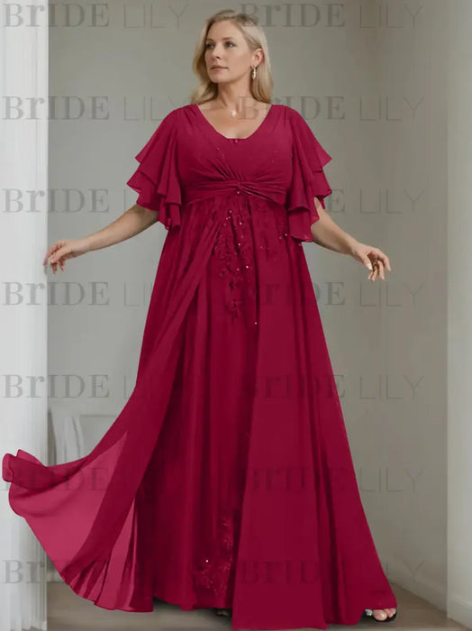 Wine Red plus size chiffon mother of the bride gown with flutter sleeves