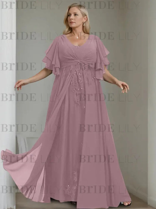Wisteria plus size chiffon mother of the bride gown with flutter sleeves