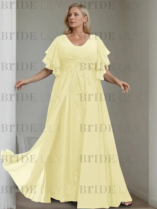 Yellow plus size chiffon mother of the bride gown with flutter sleeves