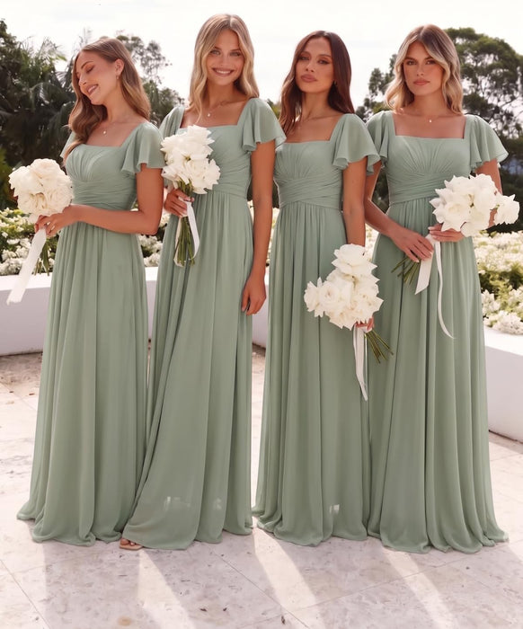 Bridelily Women's Flutter Sleeves Bridesmaid Dresses Square Neck Chiffon Maxi Dres