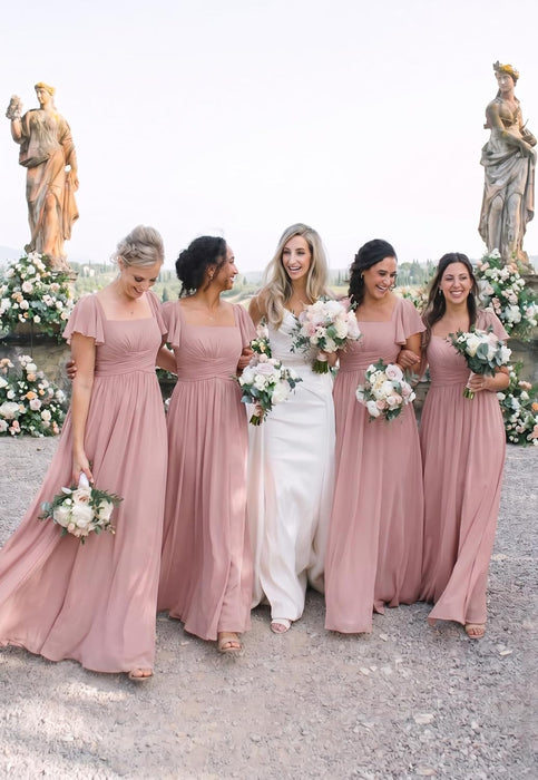 Bridelily Women's Flutter Sleeves Bridesmaid Dresses Square Neck Chiffon Maxi Dres