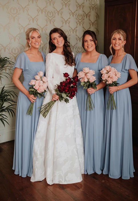 Bridelily Women's Flutter Sleeves Bridesmaid Dresses Square Neck Chiffon Maxi Dres