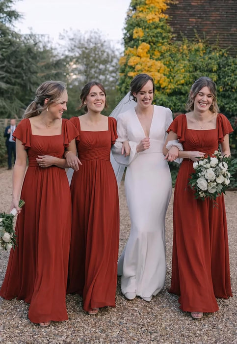 Bridelily Women's Flutter Sleeves Bridesmaid Dresses Square Neck Chiffon Maxi Dress