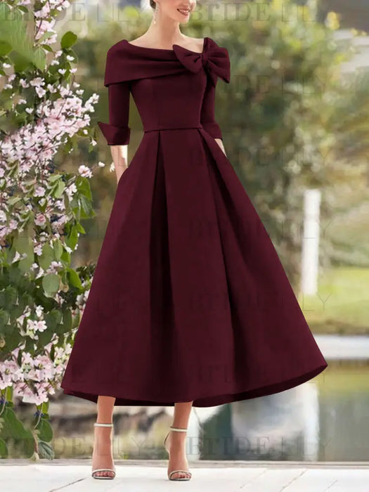 Folded collar dress with bow detail in burgundy