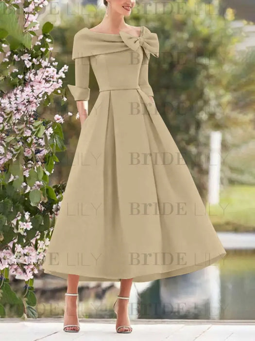 Folded collar dress with bow detail in khaki beige