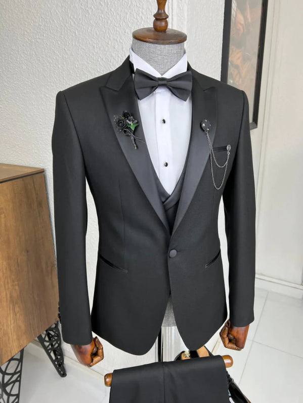 Black Three Piece Peaked Lapel Business Suit