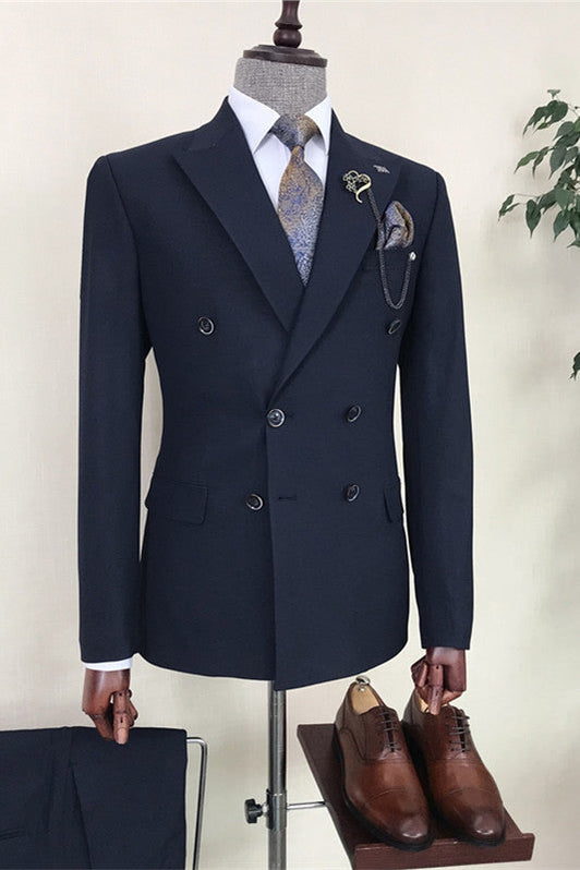 Sleek Silk Lapel Reception Suit Navy Blue Double Slim Fit with Breasted Peak